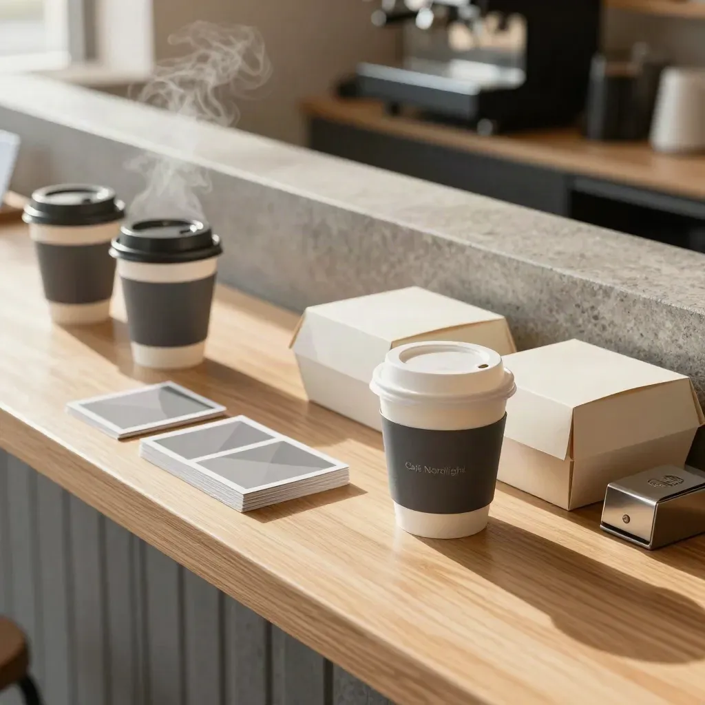 Café-Set mit Bechern, Karten und Boxen auf heller Theke, morgendlich und ruhig