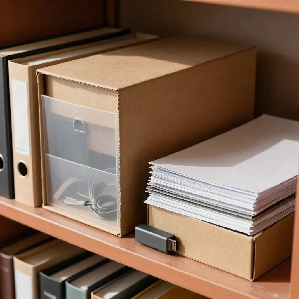 Archivboxen, Registerkarten, Kabelbinder, USB-Stick und Hüllen auf terrakottafarbenem Regal.