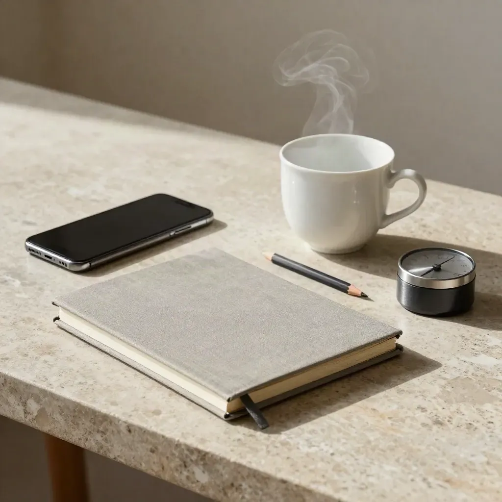 Von oben: Notizbuch, stummes Smartphone, Tasse, Stift und Timer auf Stein mit Morgenlicht.
