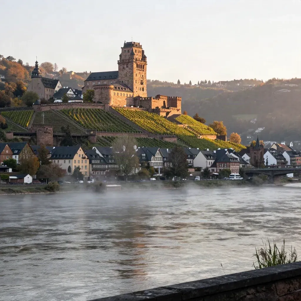 Heidelberger Schloss über dem nebligen Neckartal mit Terrassen und Stadtkante